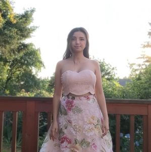 Two piece floral skirt and scallop a-line gown